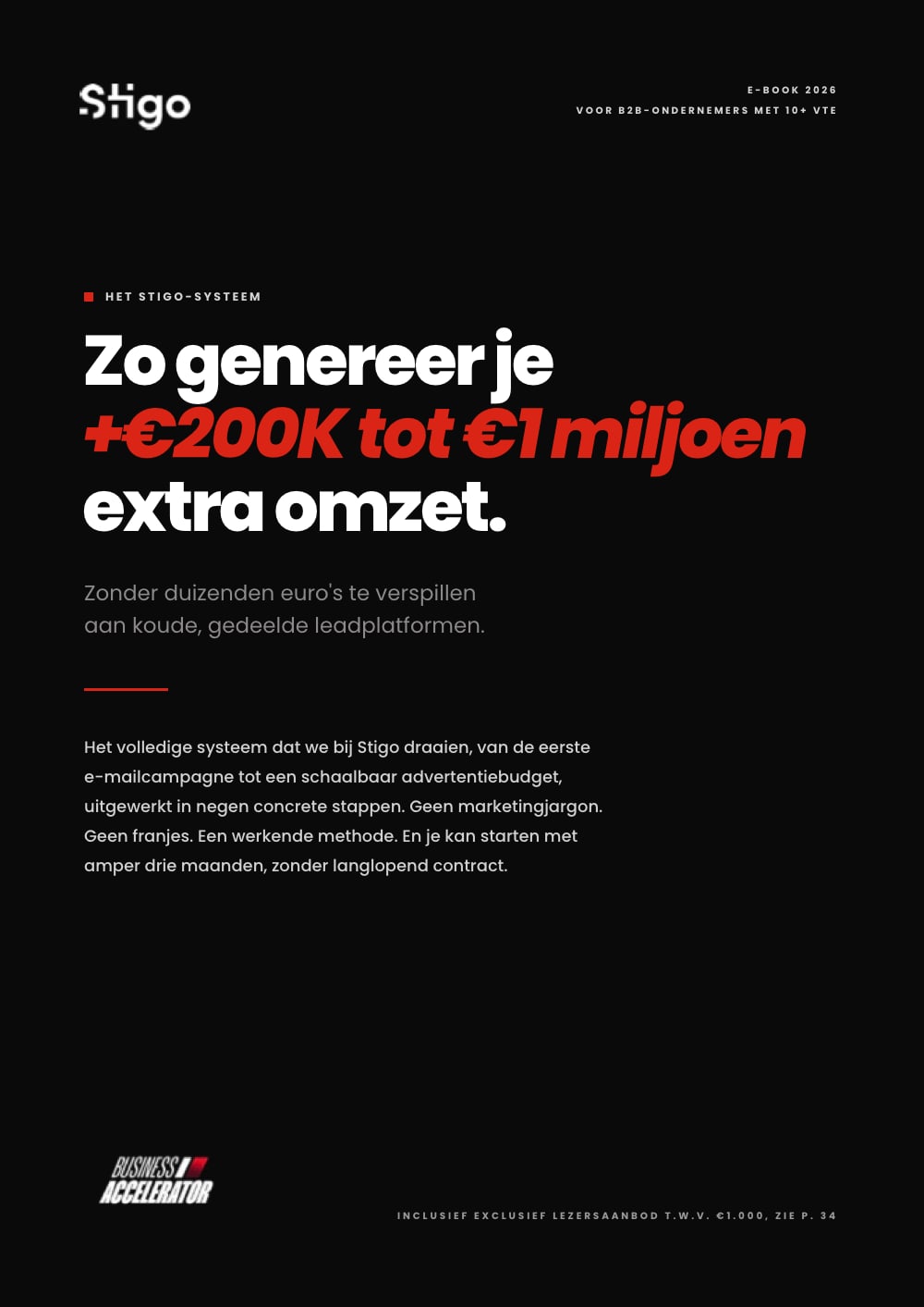 Cover van het Stigo-ebook: hoe je €200K tot €1 miljoen extra omzet genereert