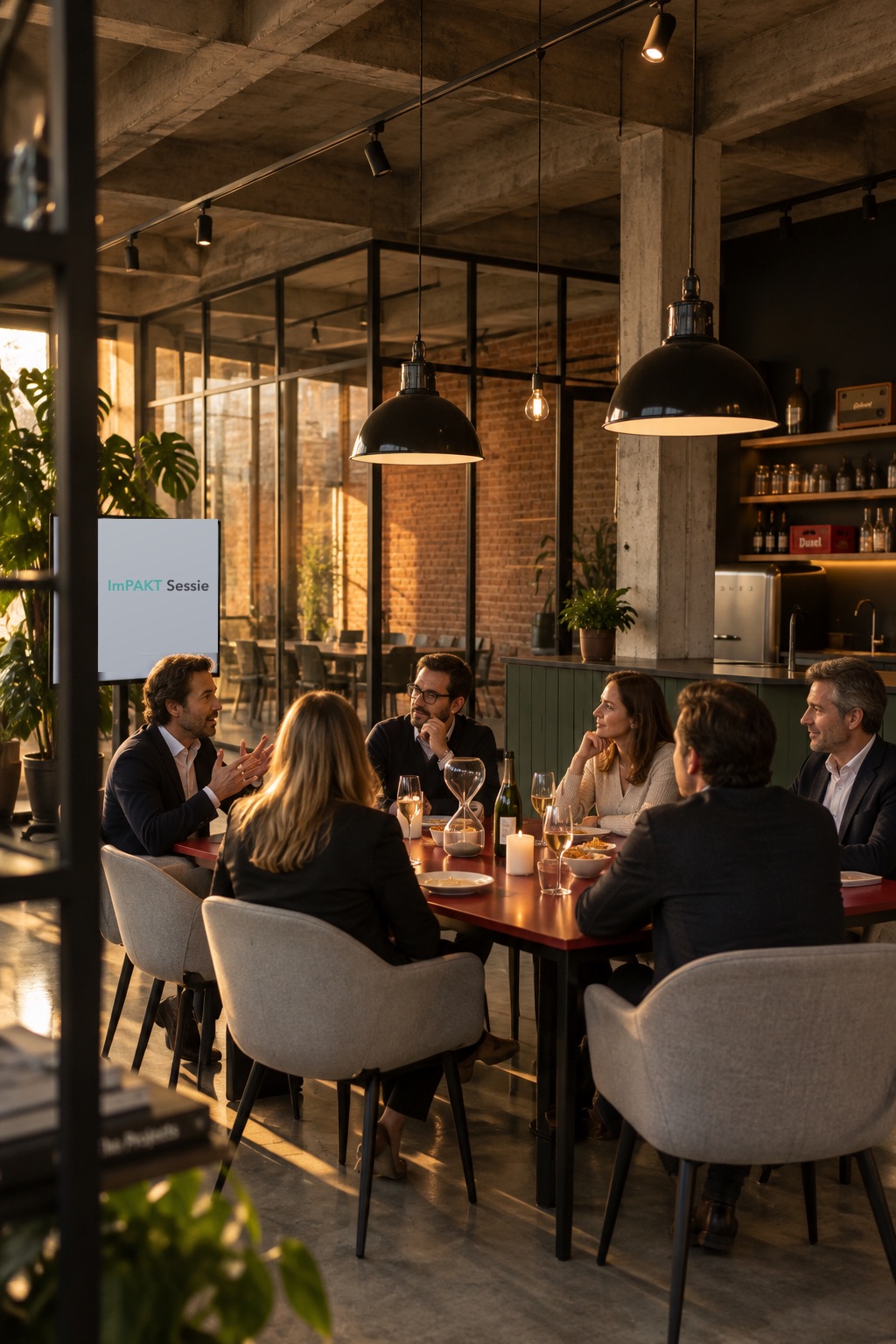 Zes ondernemers in gesprek aan een gedekte tafel, met een scherm waarop ImPAKT Sessie staat